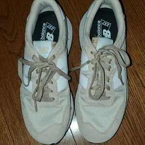 New Balance Taupe and White Sneakers